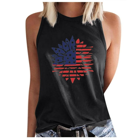 Wycnly 4th of July Tank Top for Women Loose Basic Independence Day Patriotic Racerback Shirts Vest Summer Sunflower Flag Print Crewneck Sleeveless Fashion Blouses Black l
