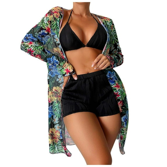 Wycnly Bathing Suits for Women Womens Swimsuits Womens Three Piece Bathing Suit Ladies Summer Beach High Waist Push-up Swimwear with Cover up Girls Trendy Swimsuit Bikini Set