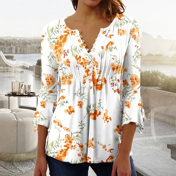 Wycnly Blouses for Women Dressy Casual Summer Tunic Tops 3/4 Sleeve Tops for Women Vintage Floral Button up Henley Shirts Summer Ladies Lightweight V Neck Pleated Hem Blouses
