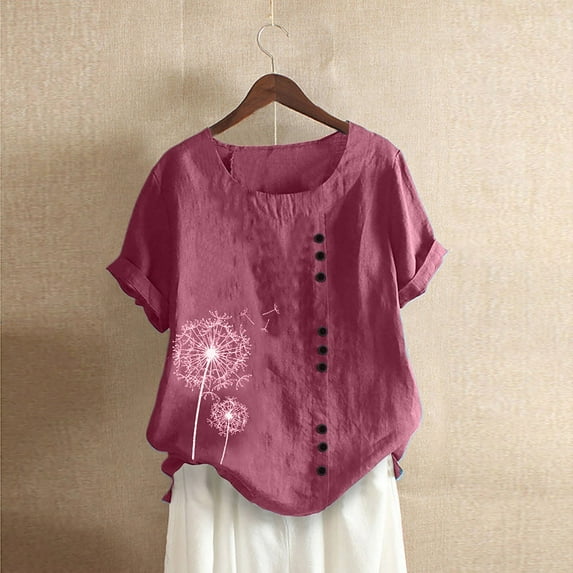 Wycnly Blouses for Women Summer Shirts Summer Tops for Women Fashion Dandelion Print Button up Plus Size Tshirts Ladies Girls Short Sleeve Cotton Linen Blouses