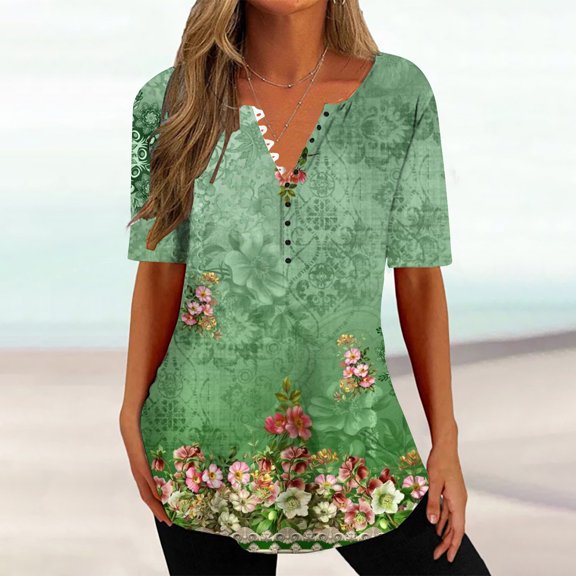 Wycnly Blouses for Women Summer Tunic Tops Plus Size Tops for Women Vintage Floral Print Button up Hem Shirts Summer V Neck Short Sleeve Lightweight Ladies Blouses