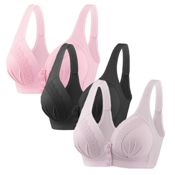 Wycnly Bras for Women,Womens Full Figure Bras,3pcs Sports Bras for Women Open Closure Button Plus Size Full Coverage Bralettes Ladies Elder Comfort Lightly Lined Push up Bra
