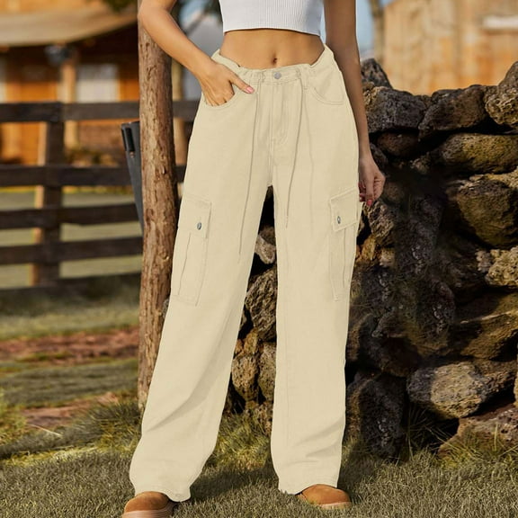 Wycnly Cargo Pants for Women Casual Denim Pants for Women Low Waist Drawstring Straight Leg Stretchy Jeans Pants Ladies Leisure Wear Pocket Denim Long Pants Trousers Under $5