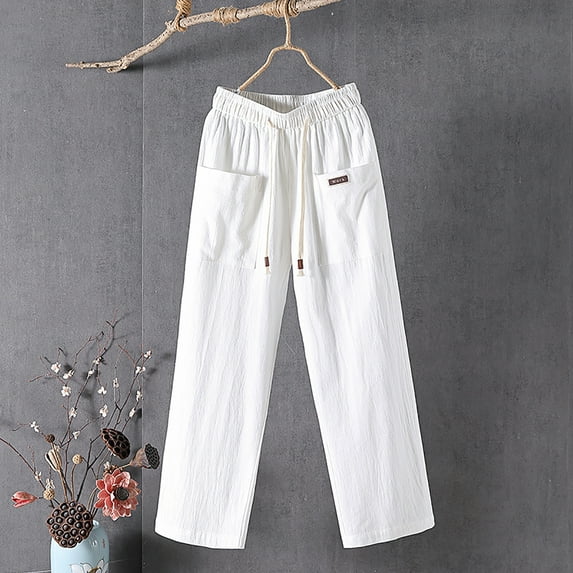 Wycnly Cargo Pants for Women Elastic Waist Long Pants for Women Fall Lightweight Cotton Linen Plus Size Pants Casual Solid Drawstring Straight Leg Pocket Pants Trousers Under $5