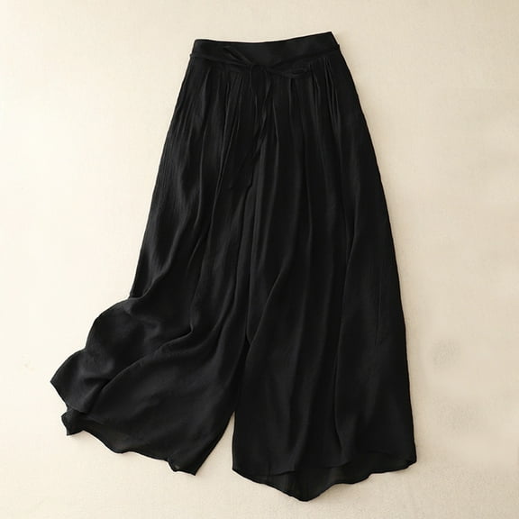 Wycnly Cropped Pants for Women Wide Leg Pants for Women Casual Solid Loose Comfy Cotton Linen Cropped Pants High Waist Drawstring Pleated Ladies Palazzo Trousers Under $5