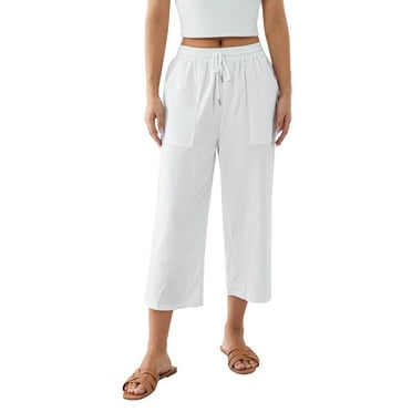 Wycnly Clearance Deals Capri Pants for Women Womens Drawstring Elastic Waist Capris Pants Summer Casual Plus Size Button Straight Leg 3/4 Trousers Comfy Cotton Linen Pocket Cropped Pants Under $5