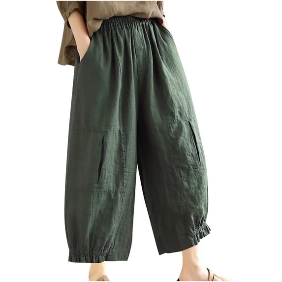 Wycnly Capris for Women Womens Loose Cropped Pants Casual Solid Elastci Waist Straight Leg Crop Trousers Vintage Cotton Linen Pants with Pockets