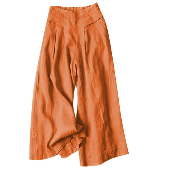 Wycnly Pants for Women Plus Size Pants for Women Casual Mid Waist Solid Loose Wide Leg Pocket Long Pants Vintage Breathable Cotton Palazzo Trousers