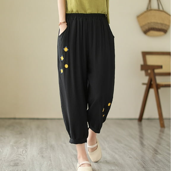 Wycnly Pants for Women Womens Harem Pants Vintage Cotton Linen Floral Embroidery Cropped Pants Summer Casual Elastic Waist Loose Straight Leg Crop Trousers with Pockets