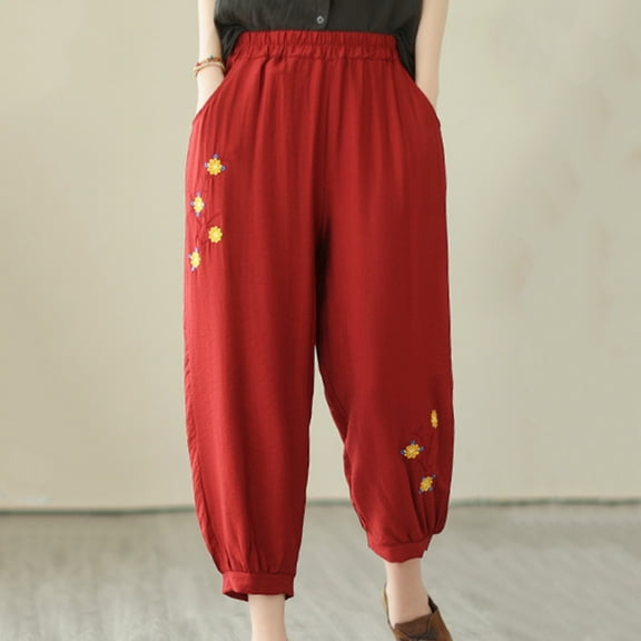 Wycnly Pants for Women Womens Harem Pants Vintage Cotton Linen Floral Embroidery Cropped Pants Summer Casual Elastic Waist Loose Straight Leg Crop Trousers with Pockets