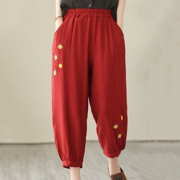 Wycnly Pants for Women Womens Harem Pants Vintage Cotton Linen Floral Embroidery Cropped Pants Summer Casual Elastic Waist Loose Straight Leg Crop Trousers with Pockets