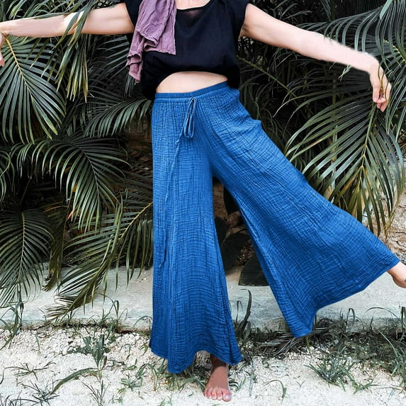 Wycnly Pants for Women Womens Palazzo Pants Casual Drawstring Elastic Waist Loose Wide Leg Trousers Lightweight Linen Solid Yoga Flared Long Pants