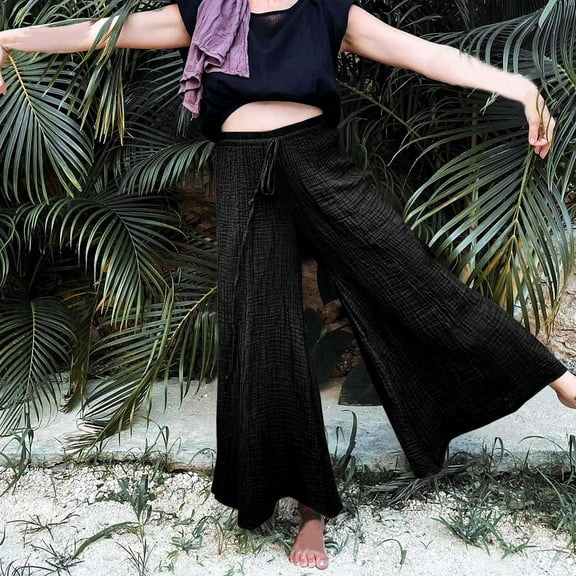 Wycnly Pants for Women Womens Palazzo Pants Casual Drawstring Elastic Waist Loose Wide Leg Trousers Lightweight Linen Solid Yoga Flared Long Pants