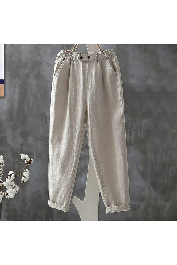 Harem Pants for Women Womens Plus Size Harem Pants Button High Waist Loose Wide Leg Long Pants Casual Solid Cotton Linen Thin Pants Trousers with Pockets Under $5