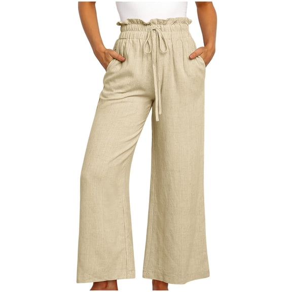 Wycnly Palazzo Pants for Women Linen Long Pants for Women Casual Solid Drawstring Elastic Waist Plus Size Wide Leg Palazzo Pants Cotton Linen Comfy Trousers with Pocket Under $5