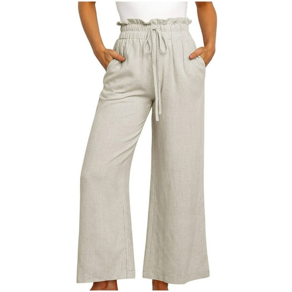 Wycnly Palazzo Pants for Women Linen Long Pants for Women Casual Solid Drawstring Elastic Waist Plus Size Wide Leg Palazzo Pants Cotton Linen Comfy Trousers with Pocket Under $5