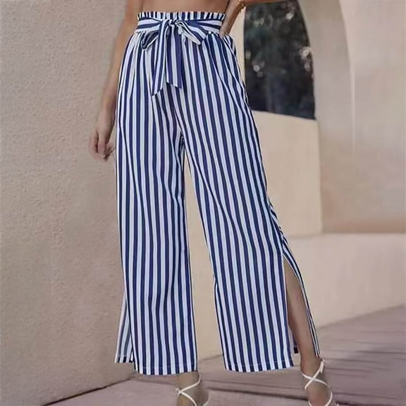 Wycnly Palazzo Pants for Women Palazzo Pants Women Vintage Slit High Waist Loose Wide Leg Long Pants with Belt Fashion Striped Print Lightweight Dress Pants Trousers Under $5