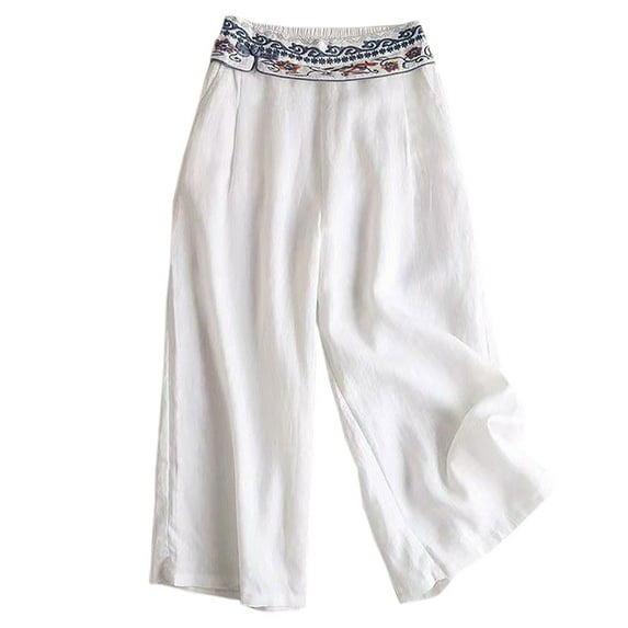 Wycnly Pants for Women Plus Size Pants for Women Vintage Embroidery Cotton Linen Wide Leg Long Pants Casual Loose Ladies High Waist Pants Trousers with Pocket Under $5