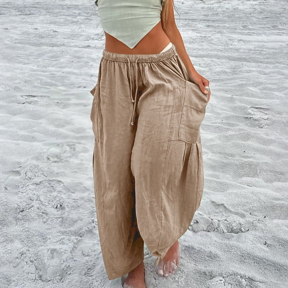 Wycnly Pants for Women Womens Drawstring Elastic Waist Trousers Casual Solid Plus Size Pleated Long Pants Fall Lightweight Comfy Straight Leg Pants with Pockets Under $5
