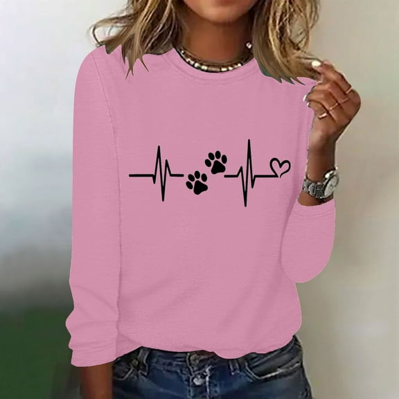 Wycnly Sale Sweatshirt for Women Comfy Breathable Ladies Casual Plus Size Loose ECG Paws Graphics Pullover Tee Tops Winter Trendy Solid Crewneck Long Sleeve Blouses