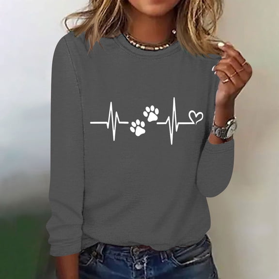 Wycnly Sale Sweatshirt for Women Comfy Breathable Ladies Casual Plus Size Loose ECG Paws Graphics Pullover Tee Tops Winter Trendy Solid Crewneck Long Sleeve Blouses