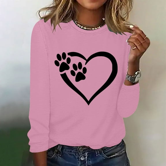Wycnly Sale Sweatshirt for Women Fall Fashion Lightweight Comfy Loose Ladies Heart Paws Print Pullover Tshirt Tops Winter Trendy Striped Print Round Neck Long Sleeve Blouses