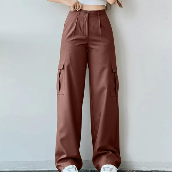 Wycnly Suit Pants for Women Womens Cargo Pants Trendy Button Mid Waist Office Work Long Pants Plus Size Straight Leg Lightweight Ladies Casual Trousers with Pocket Under $5