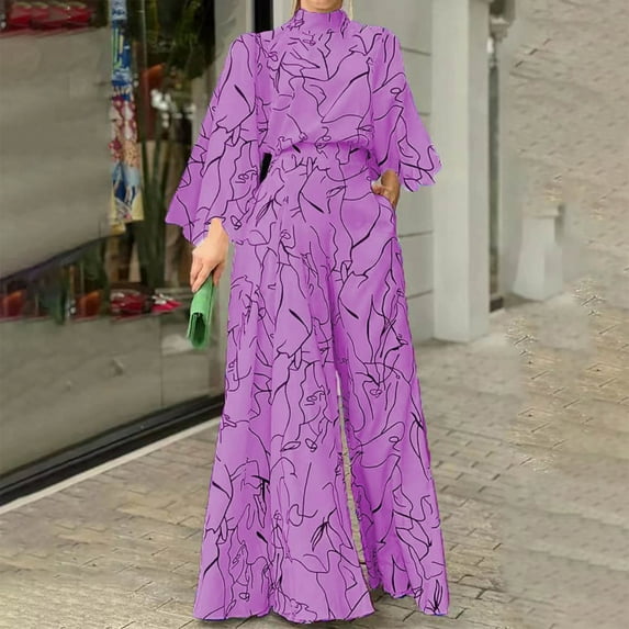 Wycnly Womens Jumpsuits Fashion Business Empire Waist Plus Size Loose Wide Leg Long Jumpsuits Trendy Striped Print Half High Neck Long Sleeve Maxi Rompers for Women