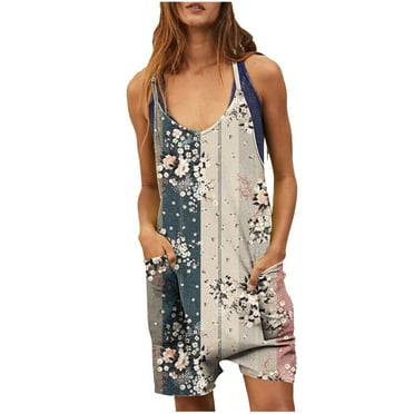 Wycnly Clearance Womens Jumpsuits Summer Plus Size Casual Pocket Loose Strap Short Jumpsuits Overalls Trendy Floral Print V-Neck Sleeveless Mini Rompers for Women