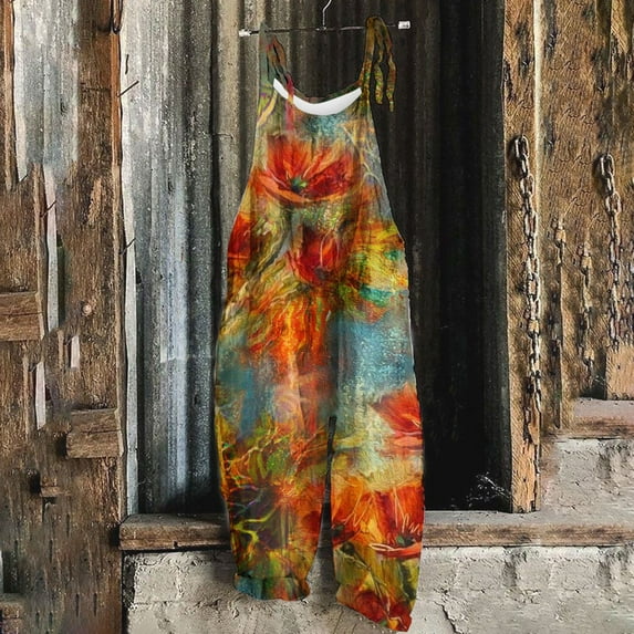 Wycnly Womens Jumpsuits Vintage Cotton Linen Loose Baggy Adjustable Strap Long Jumpsuits Casual Summer Trendy Floral Print Crewneck Sleeveless Maxi Rompers for Women
