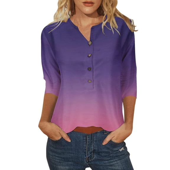 Wycnly Cute Tops for Women Gradient Print V-Neck 3/4 Sleeve T shirts Summer Casual Button Down Lightweight Pullover Blouses Purple S Under $5