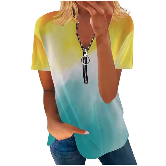 Wycnly Cute Tops for Women Gradient Print V-Neck Short Sleeve T shirts Summer Loose Fit Breathable Ladies Fashion Quarter Zip Pullover Blouses Yellow l