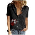 thumbnail image 1 of Wycnly Cute Tops for Women Plaid Heart Print V-Neck Short Sleeve T shirts Summer Casual Button Down Lapel Cotton Linen Cardigan Blouses Black S Under $5, 1 of 6