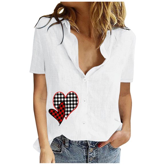 Wycnly Cute Tops for Women Plaid Heart Print V-Neck Short Sleeve T shirts Summer Casual Button Down Lapel Cotton Linen Cardigan Blouses White L Under $5