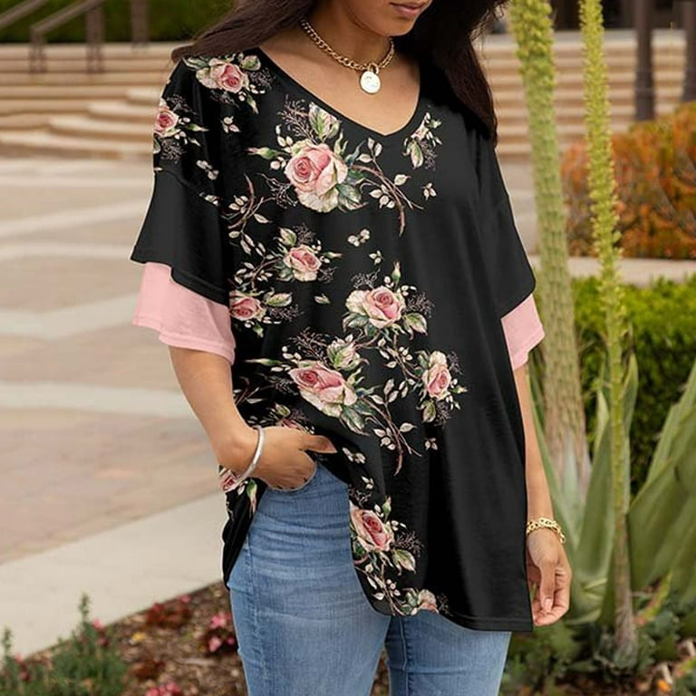 Wycnly Cute Tops for Women Short Sleeve V-Neck Floral Print T shirts Summer  Ruffle Layer Sleeve Lightweight Loose Fit Pullover Blouse Black M Clearance  Clothes 