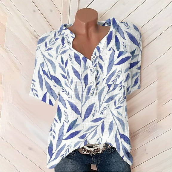Wycnly Cute Tops for Women Short Sleeve V-Neck Leaves Print T shirts Summer Button Down Lapel Plus Size Cotton Linen Blouse with Pocket White XXXL Clothes
