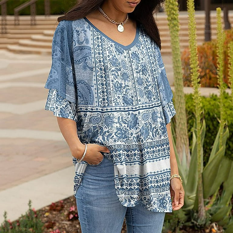 Wycnly Cute Tops for Women Short Sleeve V Neck Western Graphics T shirts Summer Ruffle Layer Sleeve Vintage Plus Size Pullover Blouse Light Blue XXXL