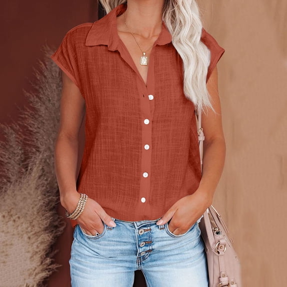 Wycnly Cute Tops for Women Summer Shirts Womens Button Tops Casual Solid Lapel Short Sleeve Plus Size Shirts Ladies Girls Breathable Cotton Linen Blouses