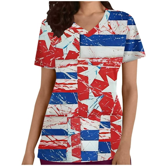 Wycnly Cute Tops for Women US Flag Print V-Neck Short Sleeve T shirts Summer Independence Day Pocket Nurse's Shirts 4th July Uniform Tunic Blouses White xl