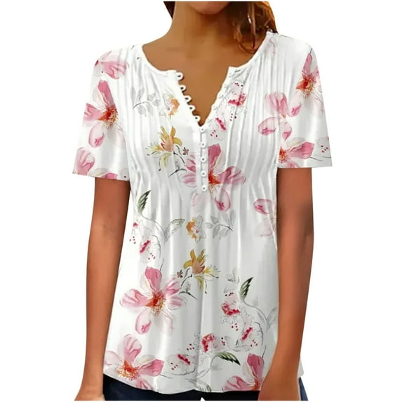 Wycnly Cute Tops for Women Floral Print V-Neck Short Sleeve T shirts Summer Casual Buckle Lightweight Pleated Swing Tunic Blouses Pink m