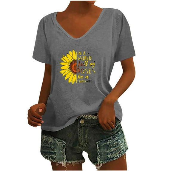 Wycnly Cute Tops for Women Sunflower Print V-Neck Short Sleeve T shirts Summer Fashion Plus Size Breathable Comfy Ladies Tee Blouses Gray L Clothes