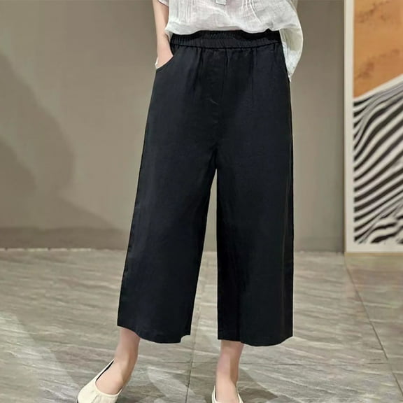 Wycnly Cropped Pants for Women Womens Casual Cropped Pants Vintage Cotton Linen Solid Loose Straight Leg Trousers Summer Elastic Waist Ladies Crop Pants with Pocket