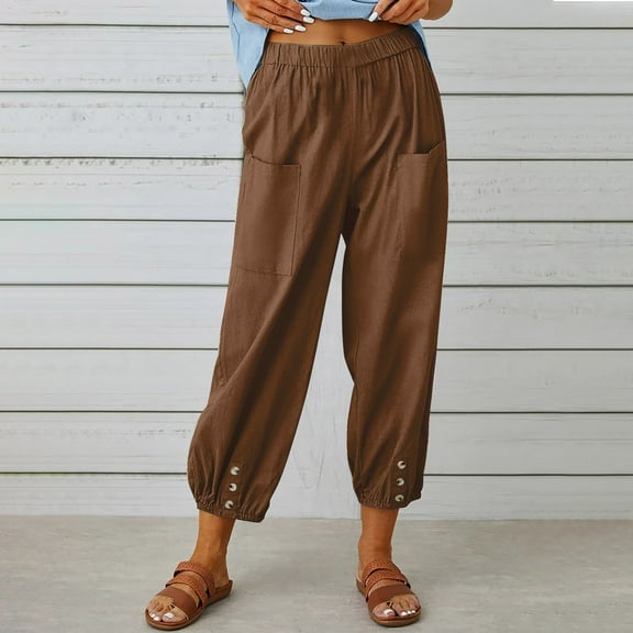 Wycnly on Sale Pants for Women Casual Pants for Womens Fashion Elastic Waist Solid Cotton Linen Long Pants Vintage Cotton Linen Loose Button Jogger Trousers with Pocket