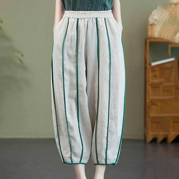 Wycnly Pants for Women Womens Harem Pants Fashion Pleated Elastic Waist Loose Wide Leg Long Pants Vintage Cotton Linen Patchwork Trousers with Pocket