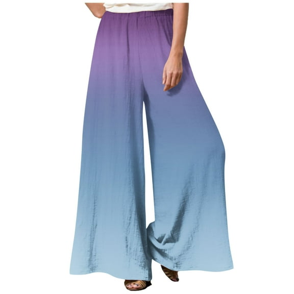 Wycnly Pants for Women Womens Linen Pants Summer Fashion Gradient Print Loose Wide Leg Palazzo Long Pants Casual Elastic Waist Ladies Trousers