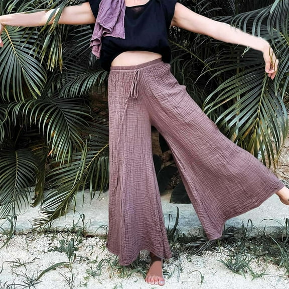Wycnly Pants for Women Womens Palazzo Pants Casual Drawstring Elastic Waist Loose Wide Leg Trousers Lightweight Linen Solid Yoga Flared Long Pants