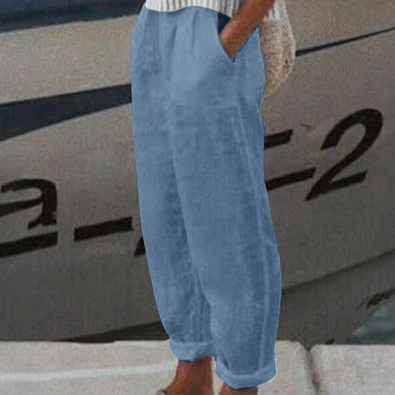 Wycnly Pants for Women Womens Plus Size Pants Vintage Cotton Linen Breathable Loose Straight Leg Long Pants Casual Solid High Waist Pocket Leisure Trousers