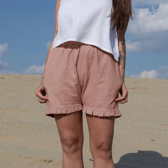 Wycnly Shorts for Women Womens Summer Shorts Casual Solid Plus Size Loose Straight Leg Short Pants Vintage Cotton Linen Ruffle Layer Trim Pocket Shorts