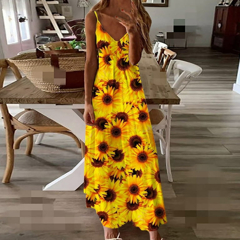 Wycnly Dresses for Women 2024 Beach Boho Spaghetti Strap Swing Hem Camisole  Dresses Sleeveless V-Neck Floral Print Summer Maxi Sun Dress Yellow M  Clearance Clothes 