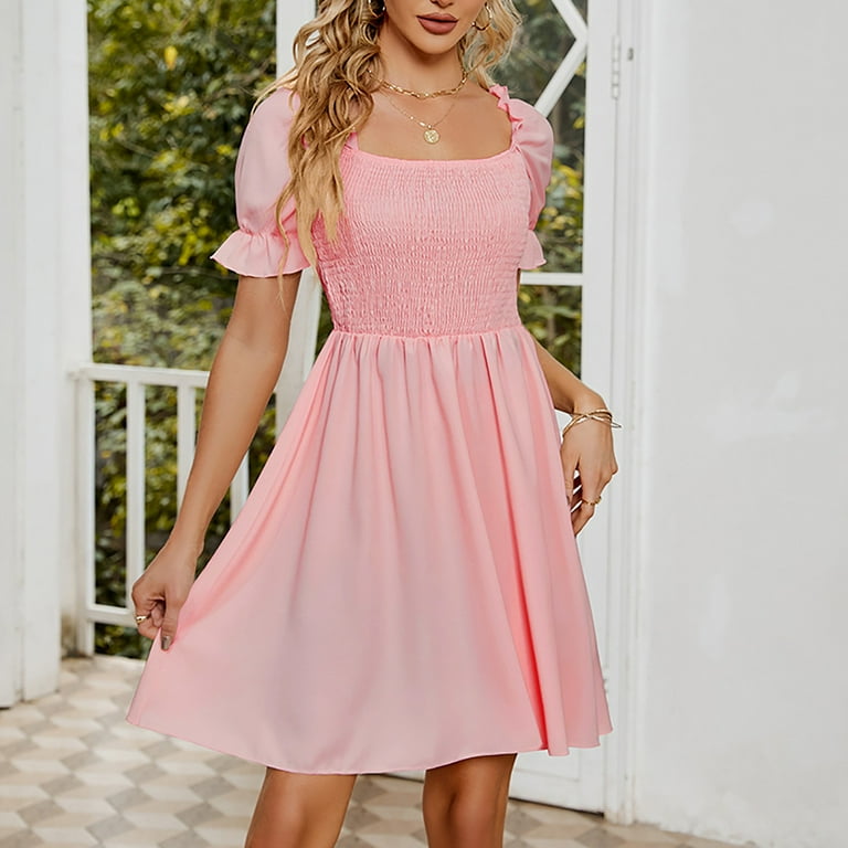 Square Neckline Elastic Waist Pink Mini Dress Square Neckline Elastic Waist Pink Mini Dress